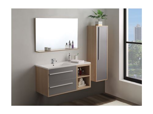 Meuble de salle de bain suspendu naturel clair et gris mat avec simple vasque, miroir et colonne de rangement - JASMINE