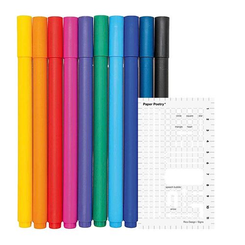 10 stylos gel fin 0,4 mm + Pochoir flèches et formes - Rico Design