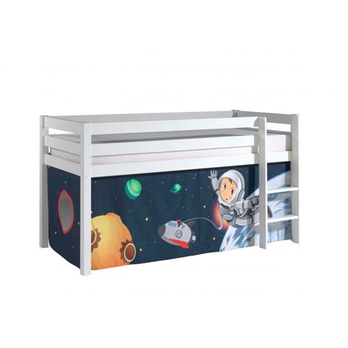 Vipack PINO Lit sureleve en pin massif avec sommier Blanc + Rideau de lit Space