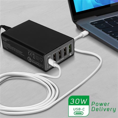 Chargeur secteur USB-A et USB-C 30 W avec Quick Charge et Power Delivery -  Noir