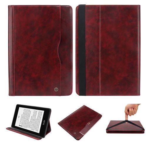 Etui en PU flip avec support élastique rouge vin pour votre Amazon Kindle Paperwhite 4 (2018)