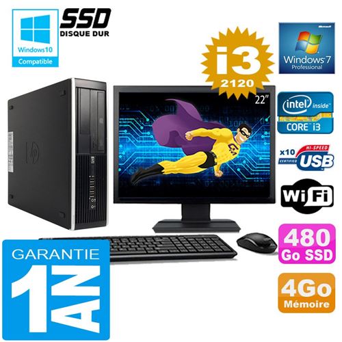 Pc hp compaq 8300 sff core i3-2120 ram 4go disque 480 go ssd wifi w7 ecran 22'