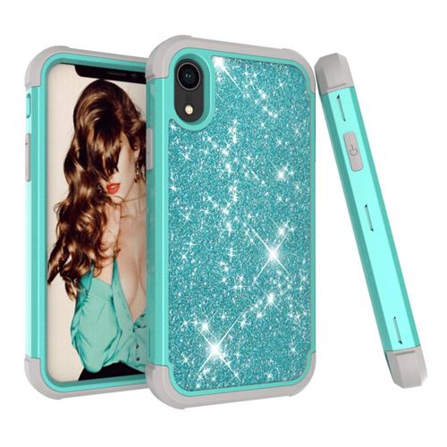 Coque en TPU Hybride antichoc à revêtement brillant gris/cyan pour votre Apple iPhone XR 6.1 inch