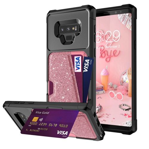 Etui en PU absorption magnétique scintillante avec fentes pour cartes de crédit or rose pour votre Samsung Galaxy Note9 N960
