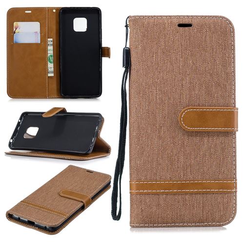 Etui en PU jean bicolore en tissu flip kaki pour votre Huawei Mate 20 Pro
