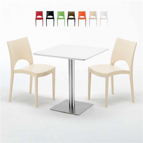 Table carrée blanche 70x70 avec pied en acier et 2 chaises colorées Paris Strawberry, Couleur: Beige