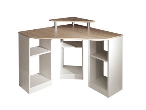 Bureau d'angle avec étagères FIDUCIA - Coloris blanc & chêne