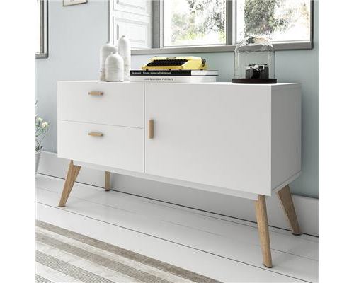 Buffet blanc mat et en bois contemporain SHINY - Blanc - L 120 x P 40 x H 70 cm