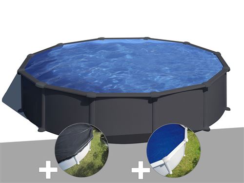 Kit piscine acier gris anthracite Gré Juni ronde 5,70 x 1,32 m + Bâche d'hivernage + Bâche à bulles