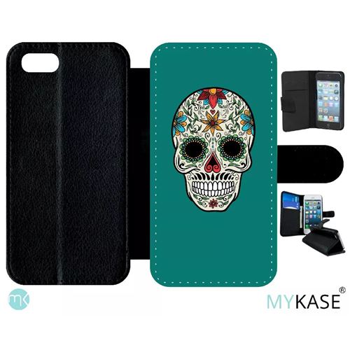 Etui My-Kase pour iPhone Se 2020 - crane couleurs fond vert - Simili-cuir Noir