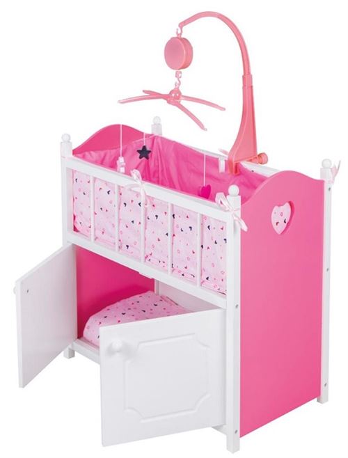Lit de poupon en bois avec rangement 51,5x30x90cm - lit armoire blanc et rose - mobile musical et parure inclus - jouet accessoire mobilier poupee