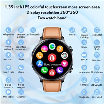 Montre Connectée Militaire Bluetooth 1.39" - Appels, 110 Sports, Cardio, IP68, Pour Android/iOS, Noire