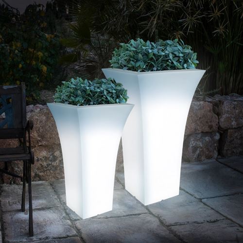Vase Lumineux Haut Carré Extérieur Design Moderne Avec Kit D’éclairage Patio, Taille: 56x56x100