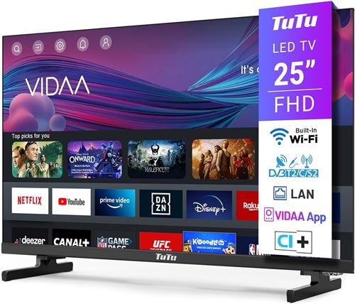 Téléviseur TuTu Smart TV 25 Pouces FHD LED WiFi Connectée VIDAA OS Triple Tuner VIDAA Remote App Molotov Netflix Prime Video Disney Plus Youtube TUV25FQ1B