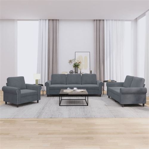 Vidaxl Gris Ensemble De Canapés 3 Pcs Avec Coussins Foncé Velours - Image 2