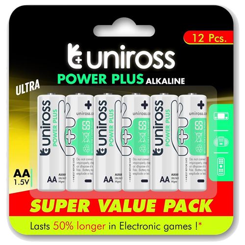 UNIROSS Pack de 12 Piles Alcalines AA-LR6 Power Plus 1,5V