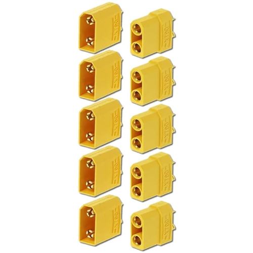 Set de 5 Paires de Connecteurs XT90 Mâle-Femelle Haute Qualité pour Batteries RC Lipo Plaqués Or, Connectivité Sécurisée, Jaune, Plastique