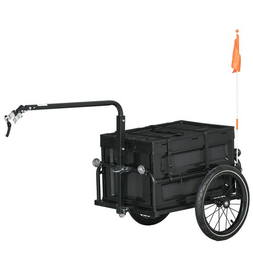 Comparer les prix de Remorque vélo cargo - coffre pliable amovible 65L - réflecteurs, drapeau - pneus 16'' acier PP noir