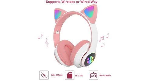 Ecouteurs Chronus Bluetooth casque chat oreille sans fil , lumineux oreille  écouteurs，casque audio enfant, rose