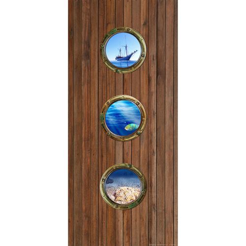AG ART Poster porte 3 hublots marins sur fond bois 90 x 202 cm, 1 lé