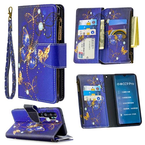 Etui en PU fermeture éclair à motifs avec support et plusieurs porte-cartes papillon bleu foncé pour votre Xiaomi Mi CC9 Pro/Mi Note 10/Mi Note 10 Pro