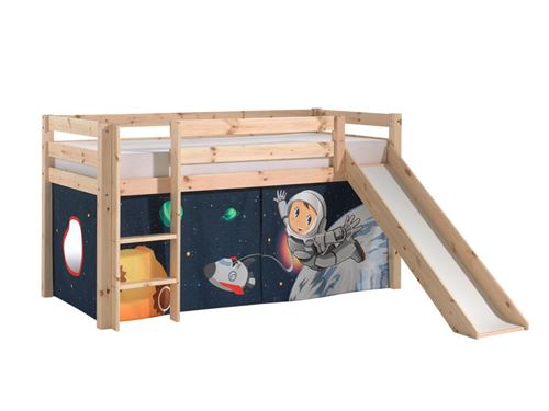 Vipack PINO Lit Compact avec Toboggan Pin Massif Nature + Rideau de lit Space