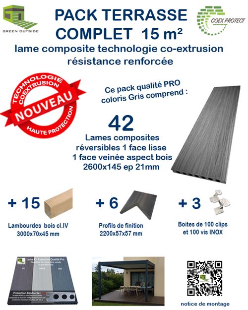 Pack complet 15 m² lame de terrasse Coex Protect® Gris - Green Outside - P15LTCE2600GRIS