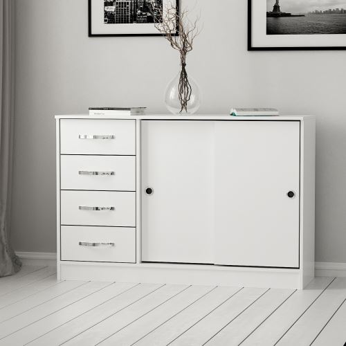 HOMEMANIA Meuble de rangement multi-usages Sunrise avec Portes, Étagères, Tiroirs - pour Salon, Entrée - Blanc en Bois, 110 x 39 x 80 cm