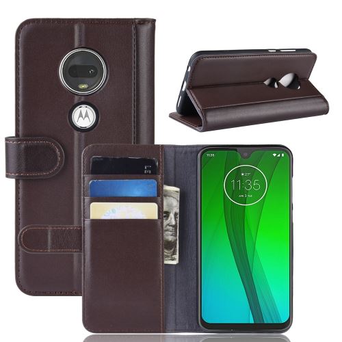 Etui en cuir véritable avec un support marron pour votre Motorola Moto G7/G7 Plus