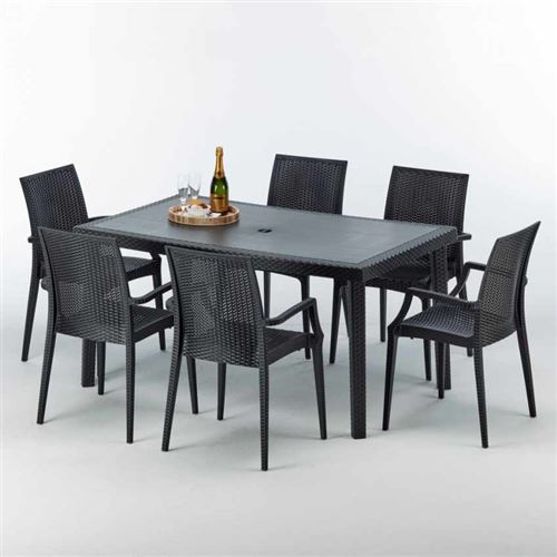Grand Soleil - Table rectangulaire et 6 chaises Poly rotin colorées 150x90cm noir Enjoy, Chaises Modèle: Bistrot Arm Anthracite noir