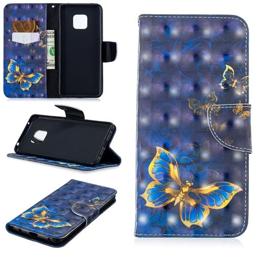 Etui en PU impression de motifs de décor par points lumineux flip papillon bleu et or pour votre Huawei Mate 20 Pro