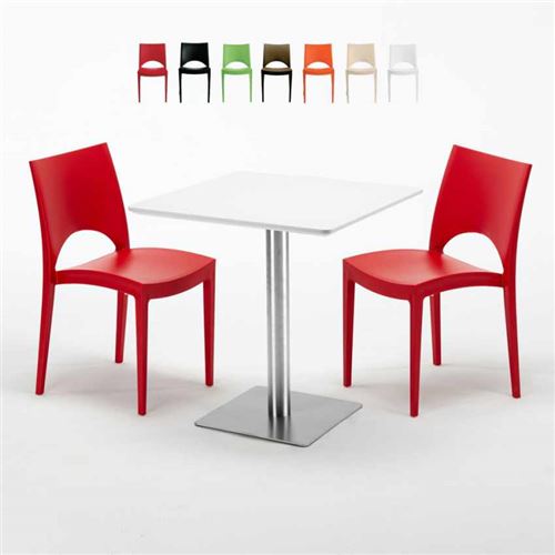 Table carrée blanche 70x70 avec pied en acier et 2 chaises colorées Paris Strawberry, Couleur: Rouge
