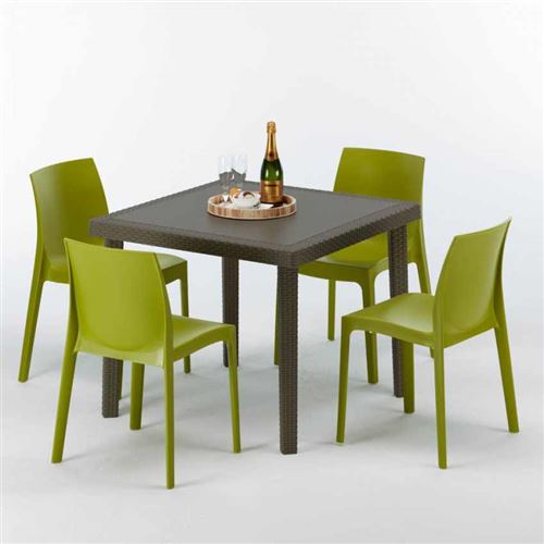 Grand Soleil - Table carrée et 4 chaises colorées Poly-rotin résine 90x90 marron, Chaises Modèle: Rome Anis vert