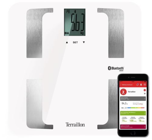 Terraillon Pèse Personne Connecté, Pour Smartphone/Tablette, Impédancemètre, 8 Mémoires Utilisateurs, Bluetooth Smart, 160kg, Web Coach Prime, Blanc