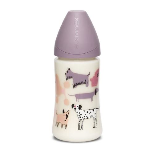 suavinex - biberon 270 ml tet silicone ronde 3 vitesses good dog lilas