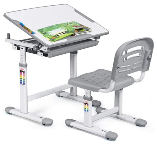 giantex Bureau Enfant Ensemble Table et Chaise pour Enfants Table à Dessin Clinable Ergonomique avec Tiroir Hauteur Ajustable Gris