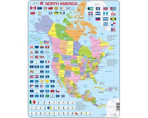 Puzzle 70 Pièces : Puzzle Cadre - Carte de l'Amérique du Nord (en Anglais), Larsen