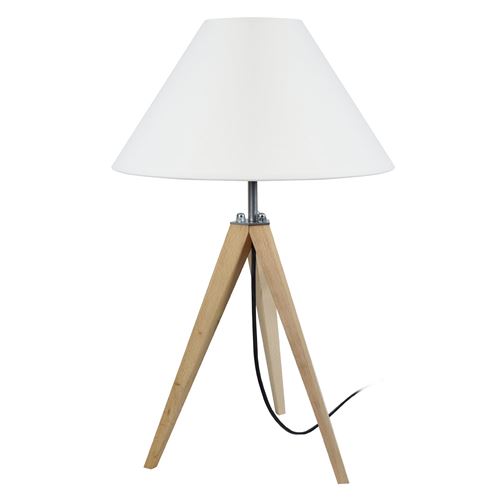 Tosel lampe a poser trépied en bois naturel avec abat-jour empire en coton écru idun e27 30x56 cm 63609