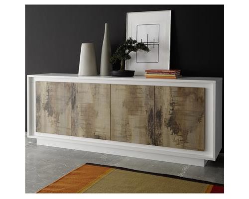 bahut blanc laqué mat et couleur bois KANSAS - Blanc - L 207 x P 50 x H 80 cm