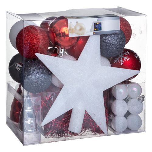 Kit de 44 décorations pour sapin - Rouge et gris - Guirlandes, boules et cimier