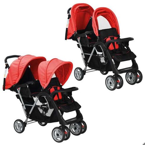 vidaXL Poussette à deux places acier rouge et noir 10111