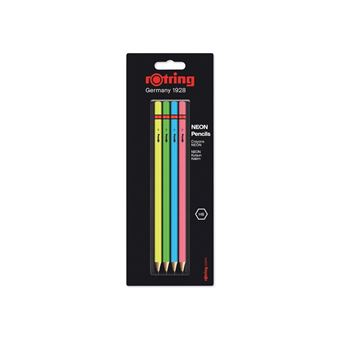 rOtring, Set de 4 Crayons en bois Neon HB : Vert, Bleu, Jaune et Rose