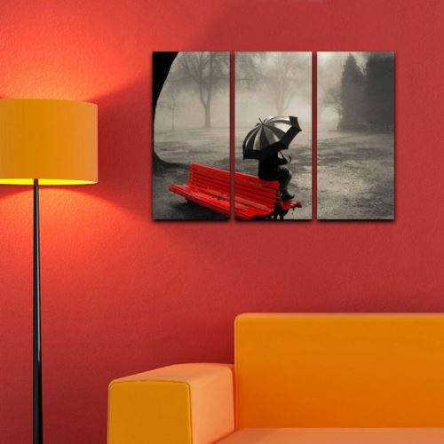 HOMEMANIA Set 3 Tableau Murale - Paysage - Banc - pour Séjour, Chambre - Multicolore en Coton, Bois, 69 x 2 x 50 cm