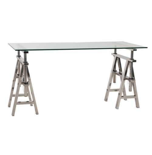 Bureau rectangulaire en verre transparent 'TABLY' sur pieds en inox