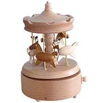Boîte à Musique Carrousel En Bois De Hêtre Vintage - Chevaux Sculptés, 11x11x16 Cm - Déco Table, Cadeau Pour Noël Ou Anniversaire