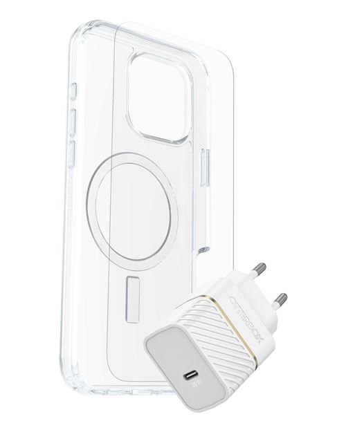 OtterBox Symmetry Series Clear - Coque de protection pour téléphone portable - compatibilité avec MagSafe - clair - avec protection d écran en verre de qualité supérieure et chargeur mural à charge rapide USB-C 30W - pour Apple iPhone 16 Pro Max