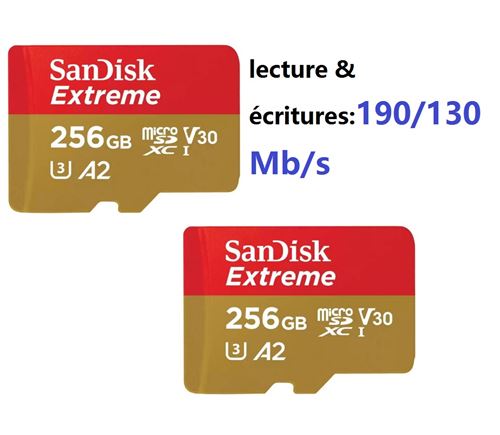Lot de 2 Carte Mémoire MicroSDXC SanDisk Extreme 256 Go Classe 10, U3, V30 jusqu à 190Mb/s écritures 130Mb/s