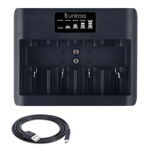 UNIROSS Chargeur Universel Ecran LCD pour 1 à 4 piles Ni-MH 1.2V AA AAA C D 9V