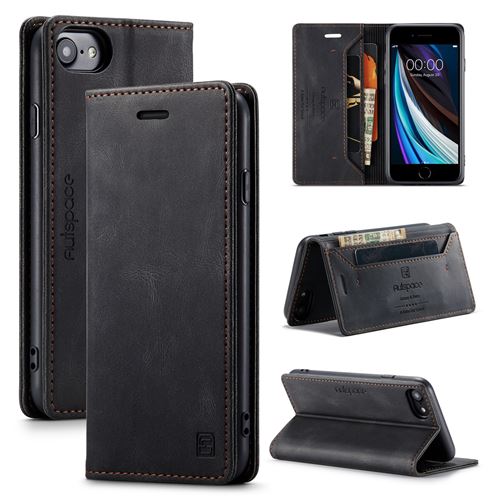 AutSpace Etui folio magnétique 2 en 1 Étui de téléphone professionnel en cuir avec porte-cartes Pour iPhone 6/6S/7/8/SE (2020) - Noir