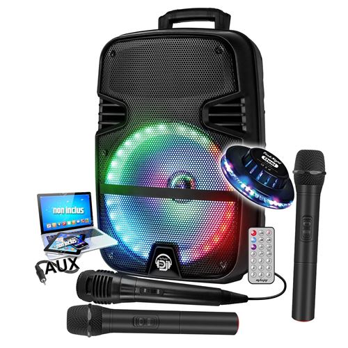 Non Communiqué Enceinte Dj Sono Karaoké Mydj Mdj-12 Ring À Leds Rvb 600W 12" Usb, Bluetooth, Tws, Pc, 2 Micros Vhf Et 1 Filaire, Lumière Ovni